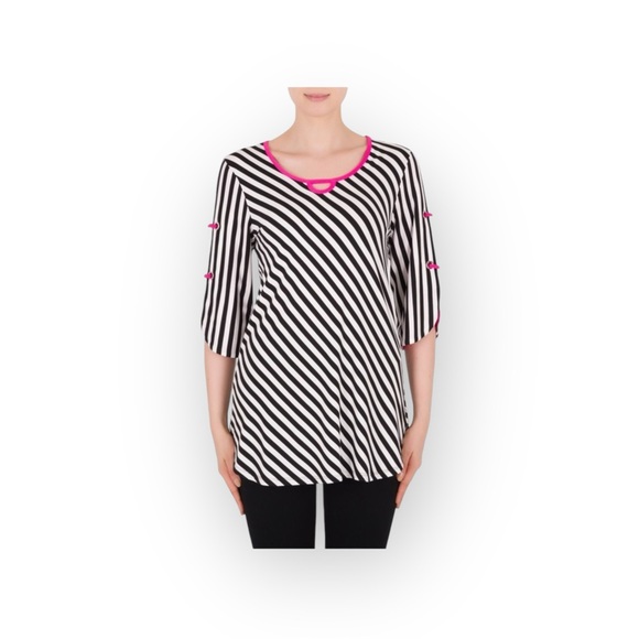 Joseph Ribkoff ✈︎ Nautical Inspired Striped Top Blouse ✈︎ Neon Pink Detail ✈︎ 6 - Picture 3 of 17